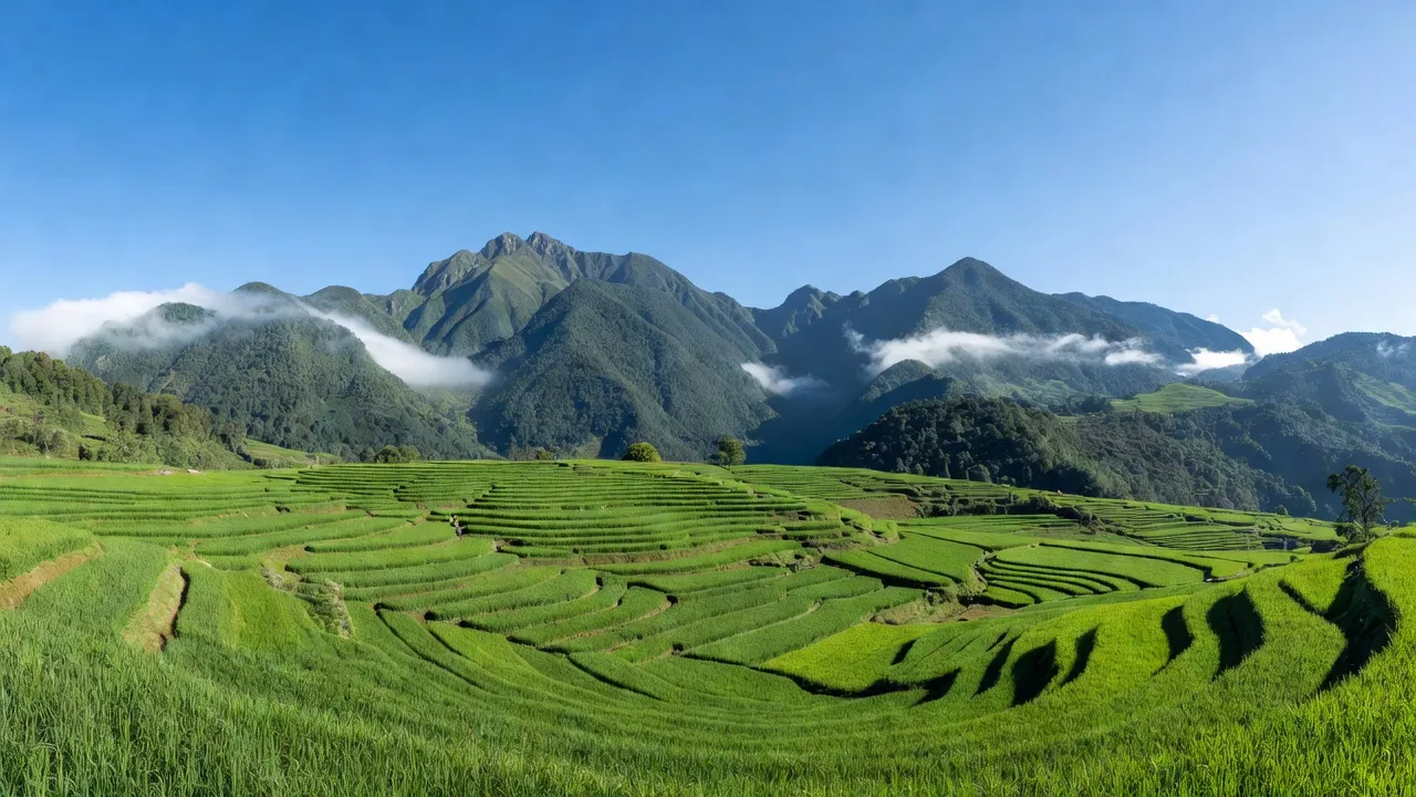Cảnh quan Phường Hàm Rồng, Sa Pa với núi non xanh, cánh đồng và bầu trời trong xanh.