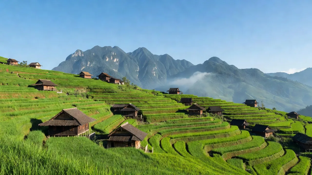 Phường Hàm Rồng, Sa Pa, Lào Cai với ruộng bậc thang, nhà gỗ và dãy núi xanh tươi.