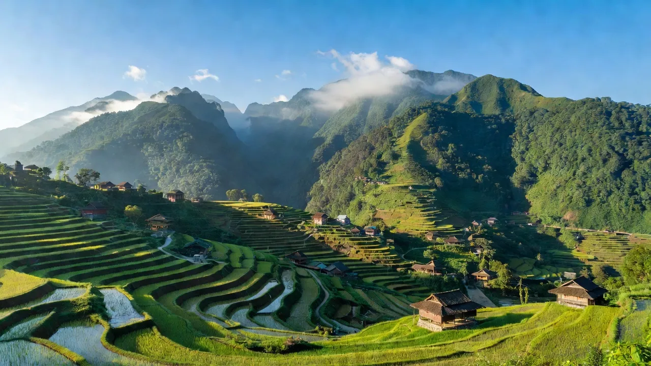 Hoàng Liên commune in Sa Pa, Lào Cai, featuring green mountains and terraced rice fields.