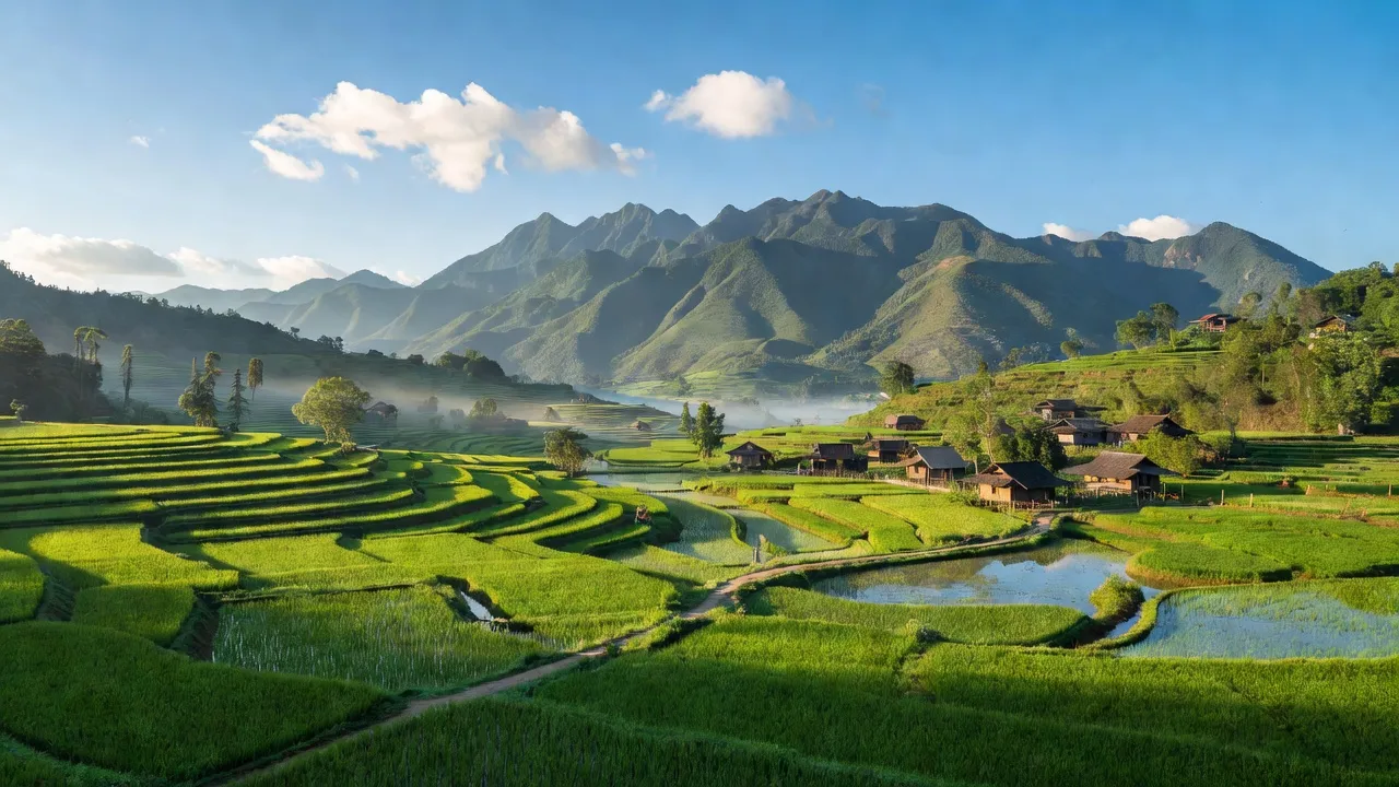 Cảnh quan thiên nhiên xã Liên Minh, Thị xã Sa Pa với núi, cánh đồng xanh và bầu trời trong suốt.