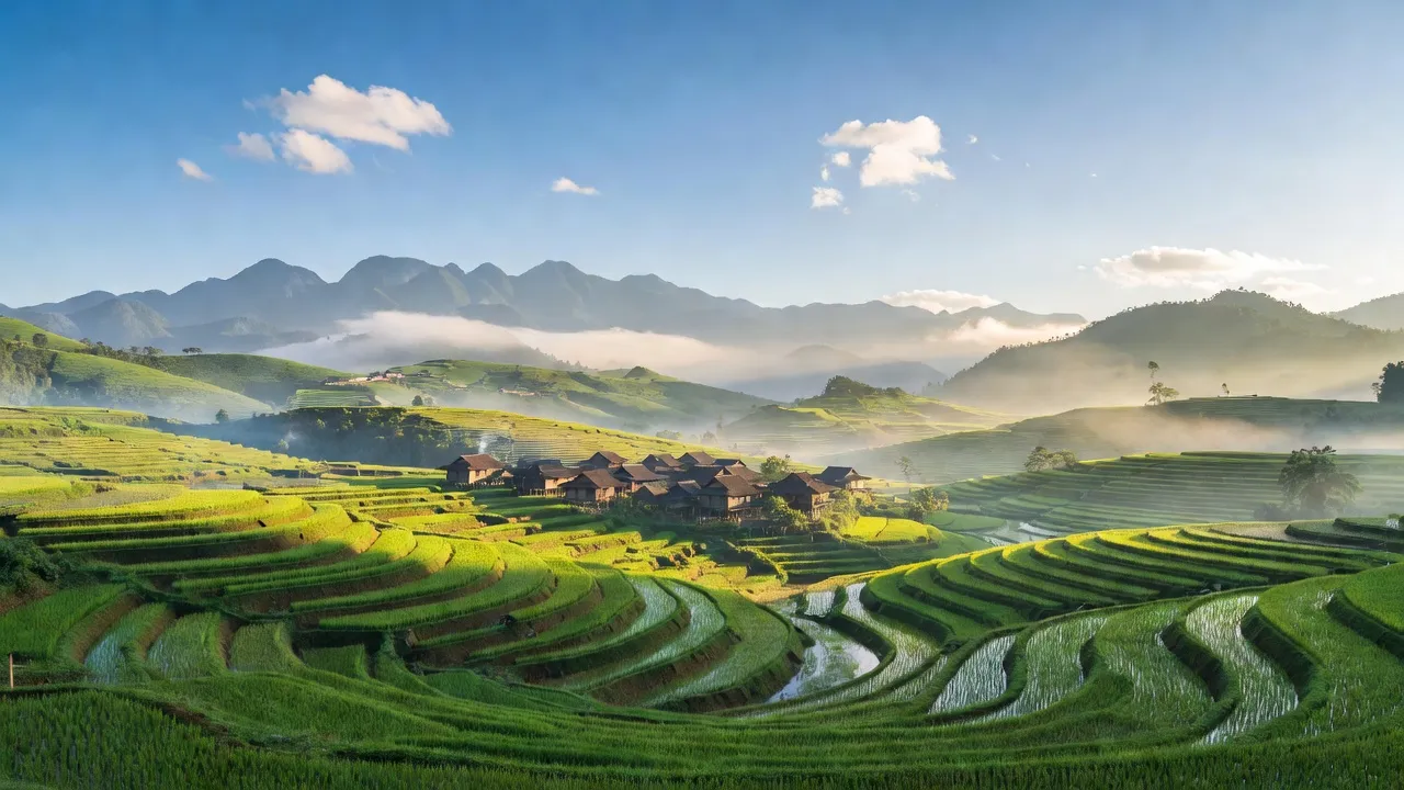 Cảnh đẹp Mường Bo, Sa Pa với ruộng bậc thang và núi mờ, thể hiện vẻ đẹp Lào Cai.