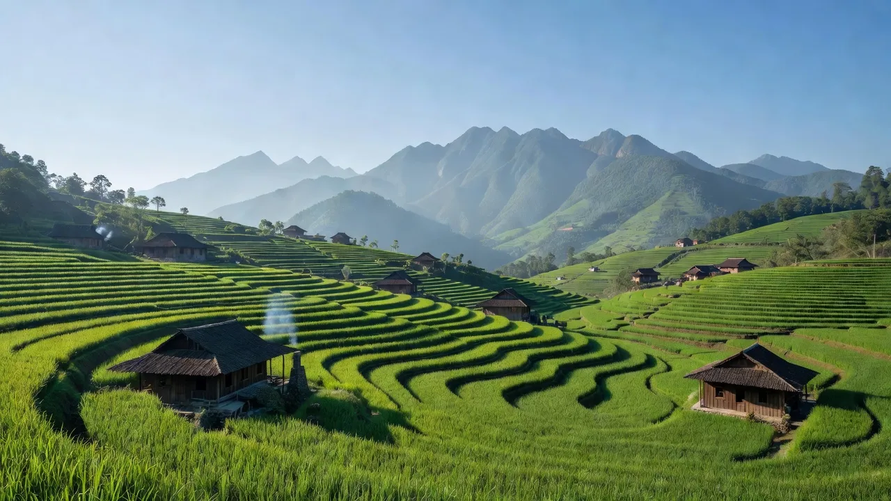 Khung cảnh thung lũng Mường Hoa, Sa Pa, với ruộng bậc thang xanh tươi và núi non hùng vĩ.