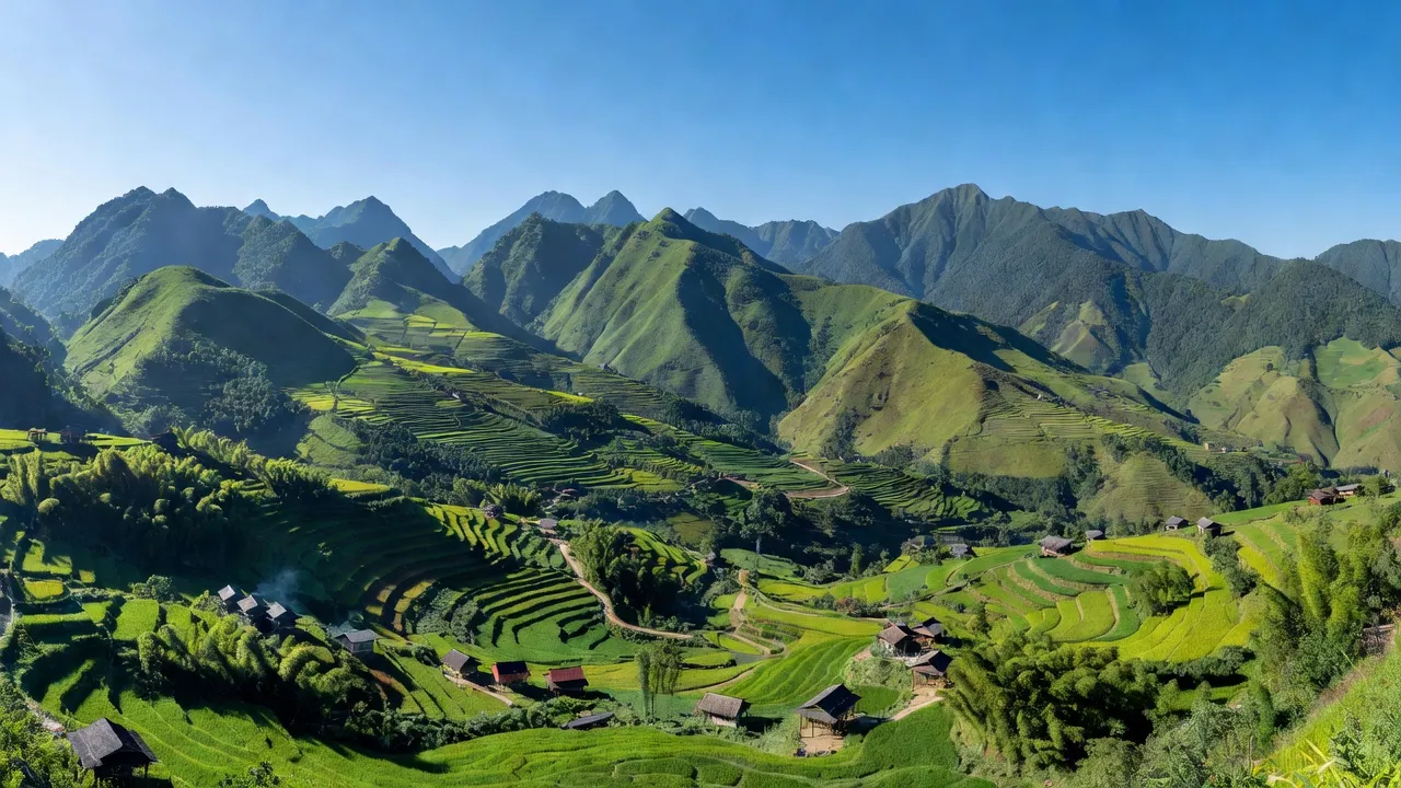 Khung cảnh Ngũ Chỉ Sơn, Sa Pa với núi non xanh và làng bản truyền thống, Việt Nam.