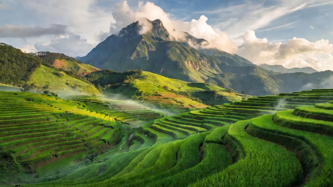 Khung cảnh Phường Phan Si Păng với ruộng bậc thang xanh mướt và núi Fansipan hùng vĩ.