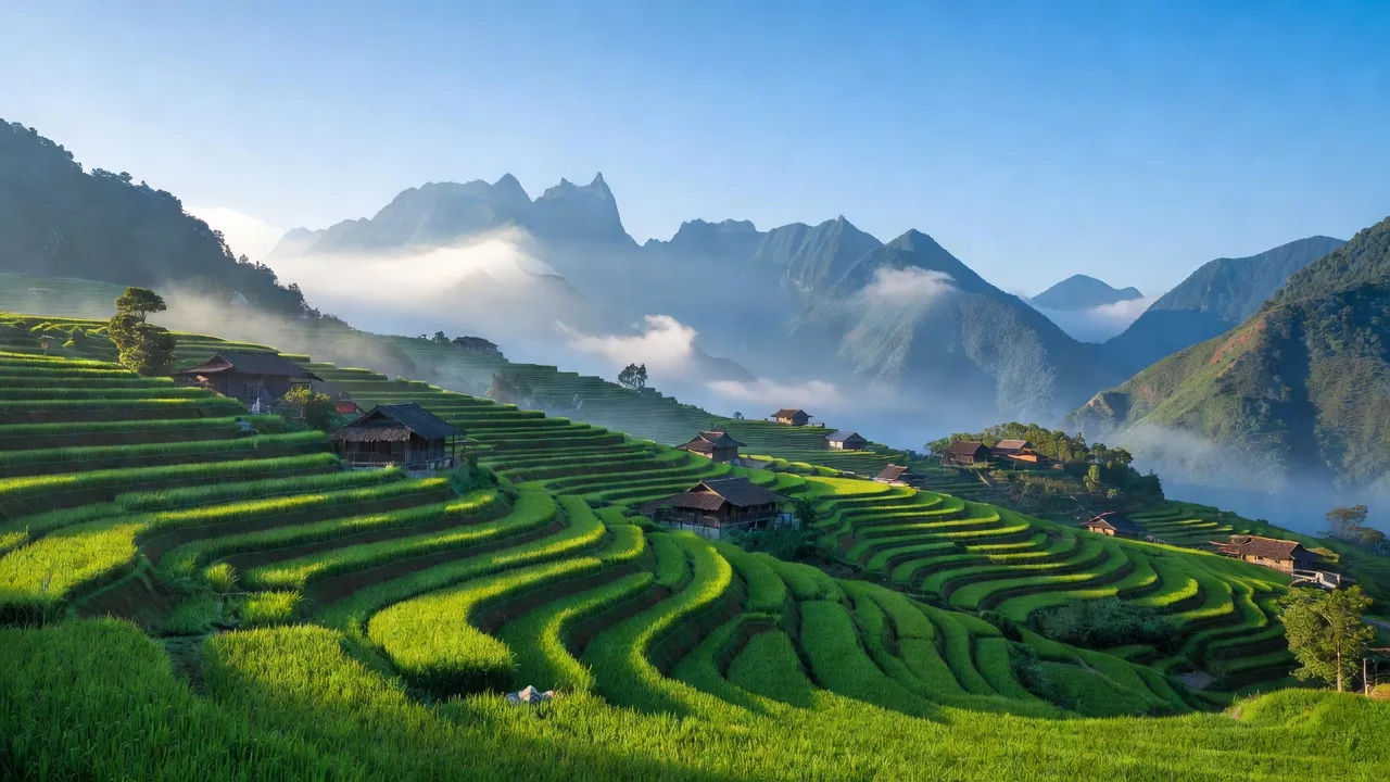 Khung cảnh tuyệt đẹp của Phường Phan Si Păng, Sa Pa với ruộng bậc thang xanh màu mỡ và núi misty.