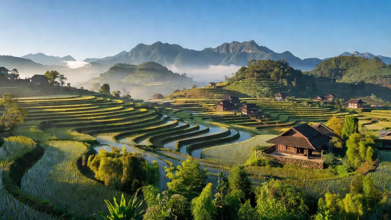 Cảnh đẹp Tả Phìn, Sa Pa với ruộng bậc thang và những ngôi nhà truyền thống giữa núi.