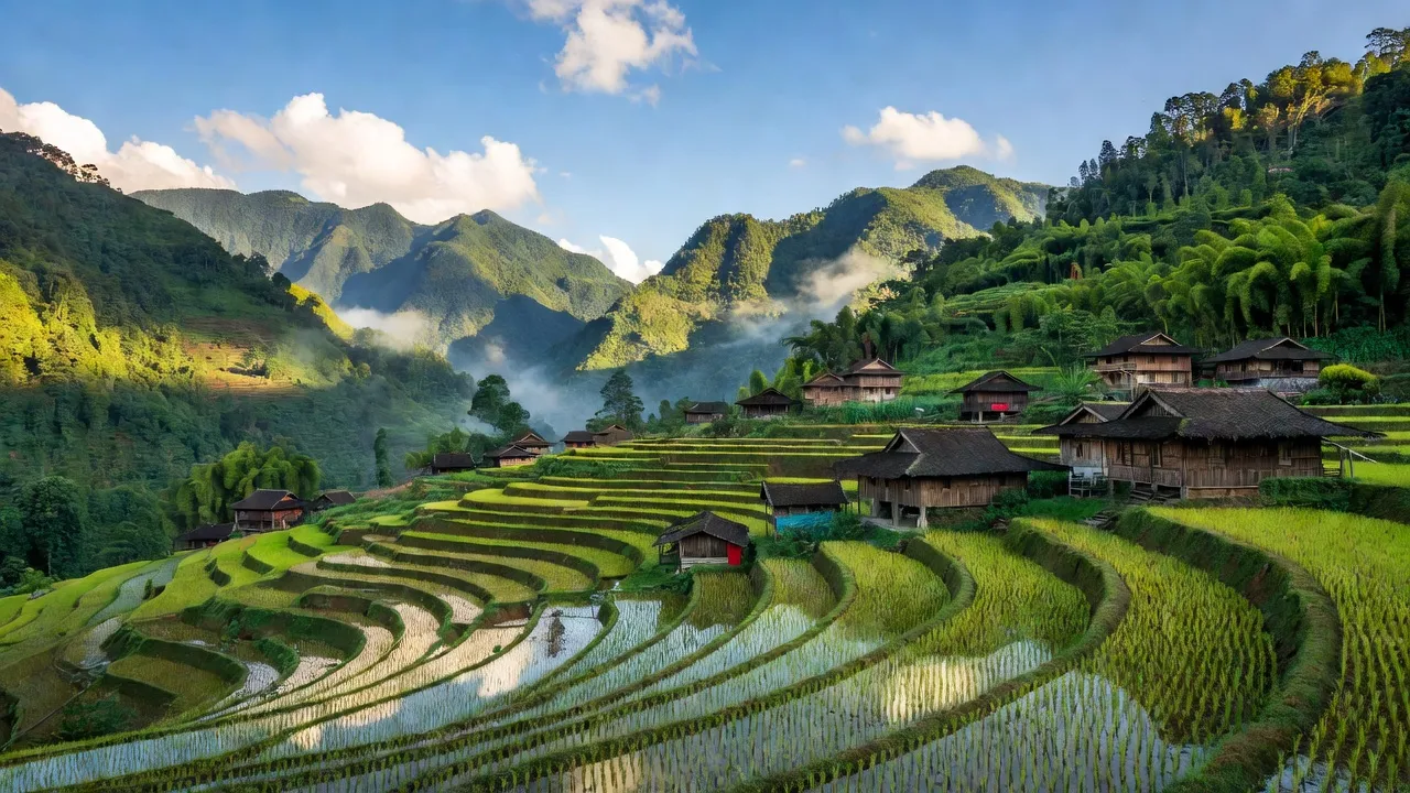 Khung cảnh làng Tả Phìn, Sa Pa với ruộng bậc thang và nhà sàn giữa núi xanh.