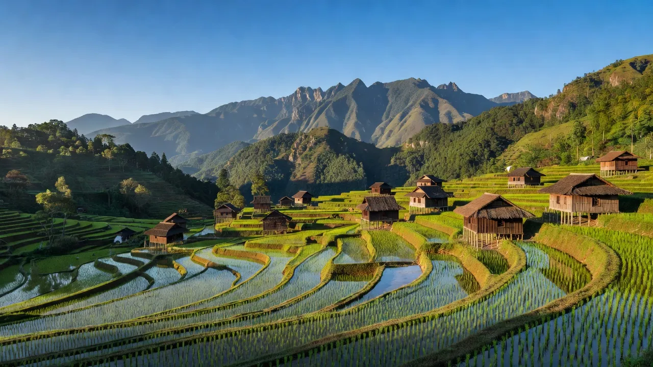 Khung cảnh Tả Van, thị xã Sa Pa, Lào Cai với ruộng bậc thang và nhà truyền thống.