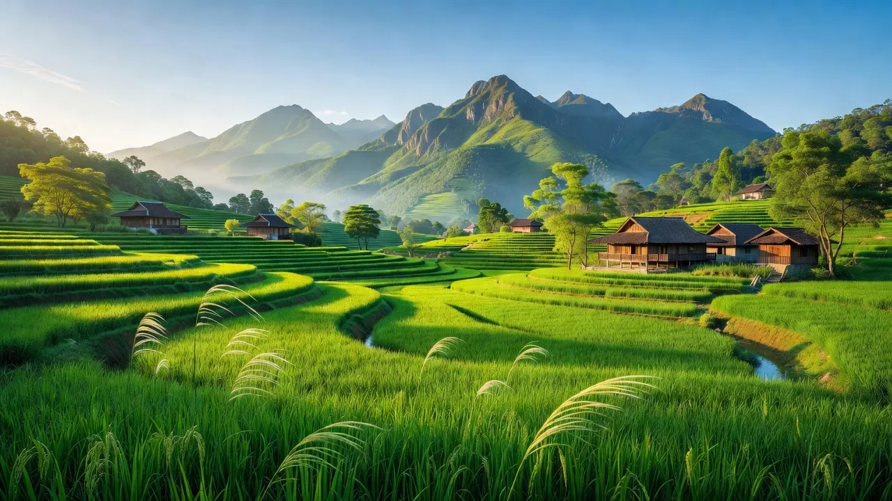 Cảnh quan xã Thanh Bình tại Thị xã Sa Pa, tỉnh Lào Cai với cánh đồng xanh và núi non.