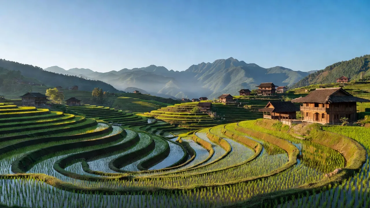 Tầm nhìn đẹp từ xã Thanh Bình, Thị xã Sa Pa, tỉnh Lào Cai với cánh đồng bậc thang và nhà truyền thống.