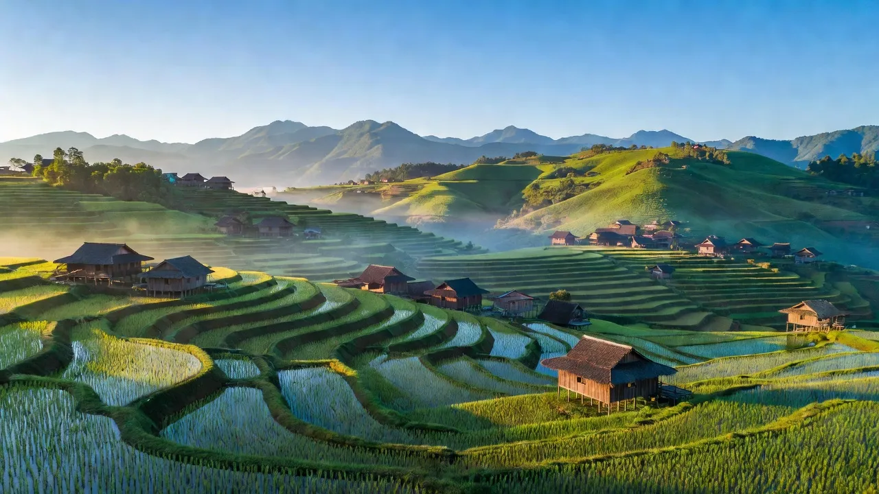 Cảnh quan bình yên tại xã Trung Chải, Sa Pa, với ruộng bậc thang và núi non hùng vĩ.