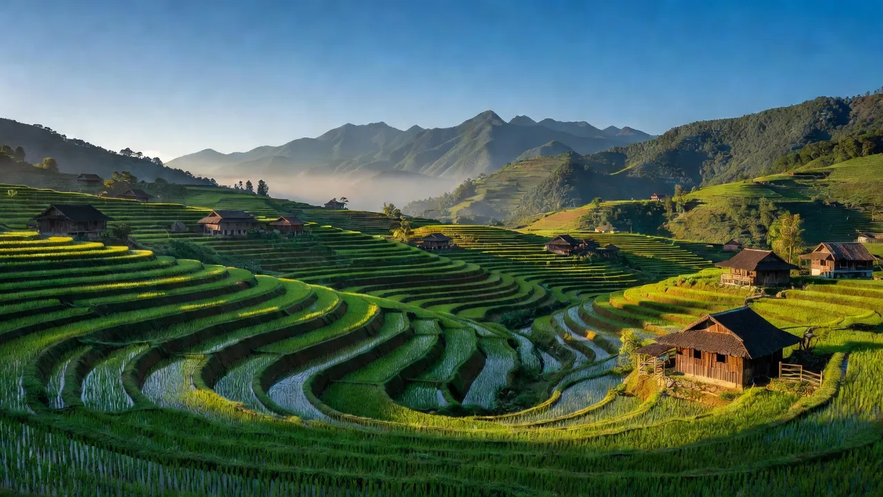 Khung cảnh yên bình xã Trung Chải, thị xã Sa Pa với ruộng bậc thang và núi xanh.