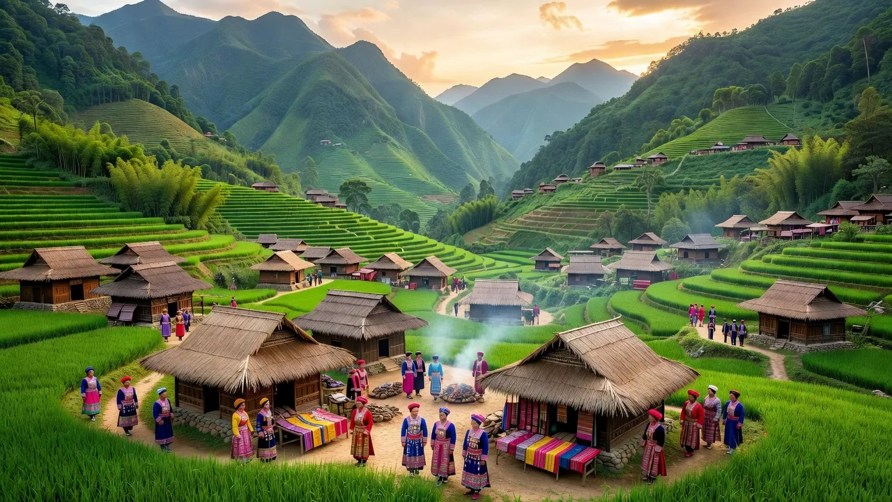 Cảnh quan huyện Si Ma Cai, Lào Cai, thể hiện núi non xanh tươi và văn hóa người Hmông.