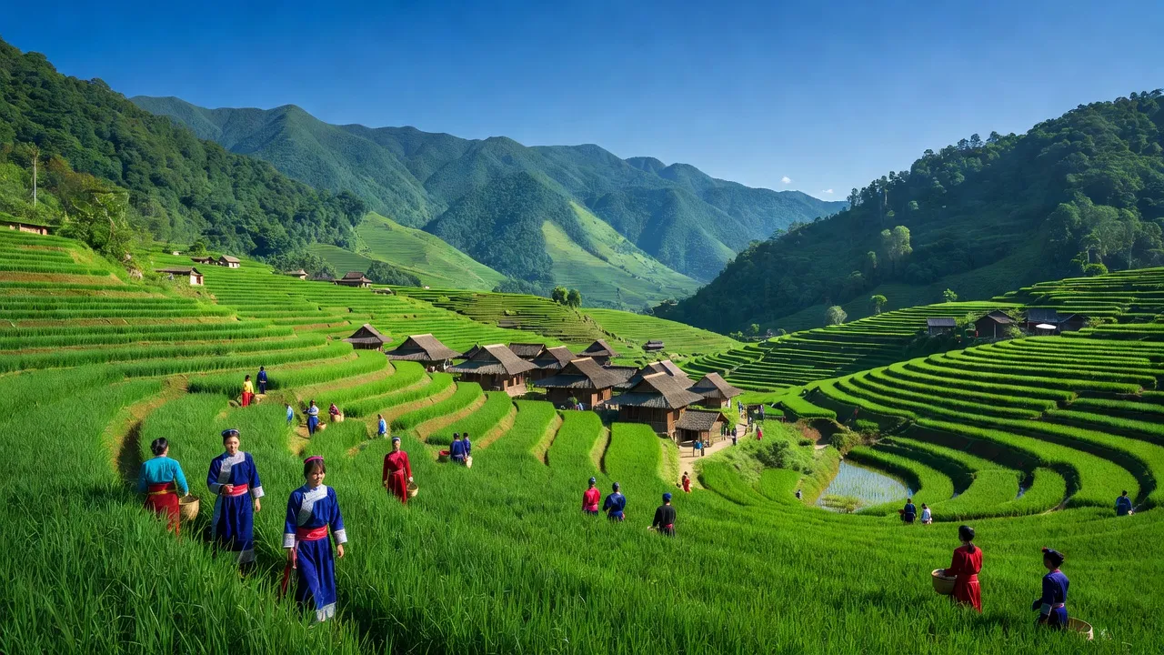 Khung cảnh huyện Si Ma Cai, tỉnh Lào Cai với ruộng bậc thang và nhà truyền thống của người H'mông.