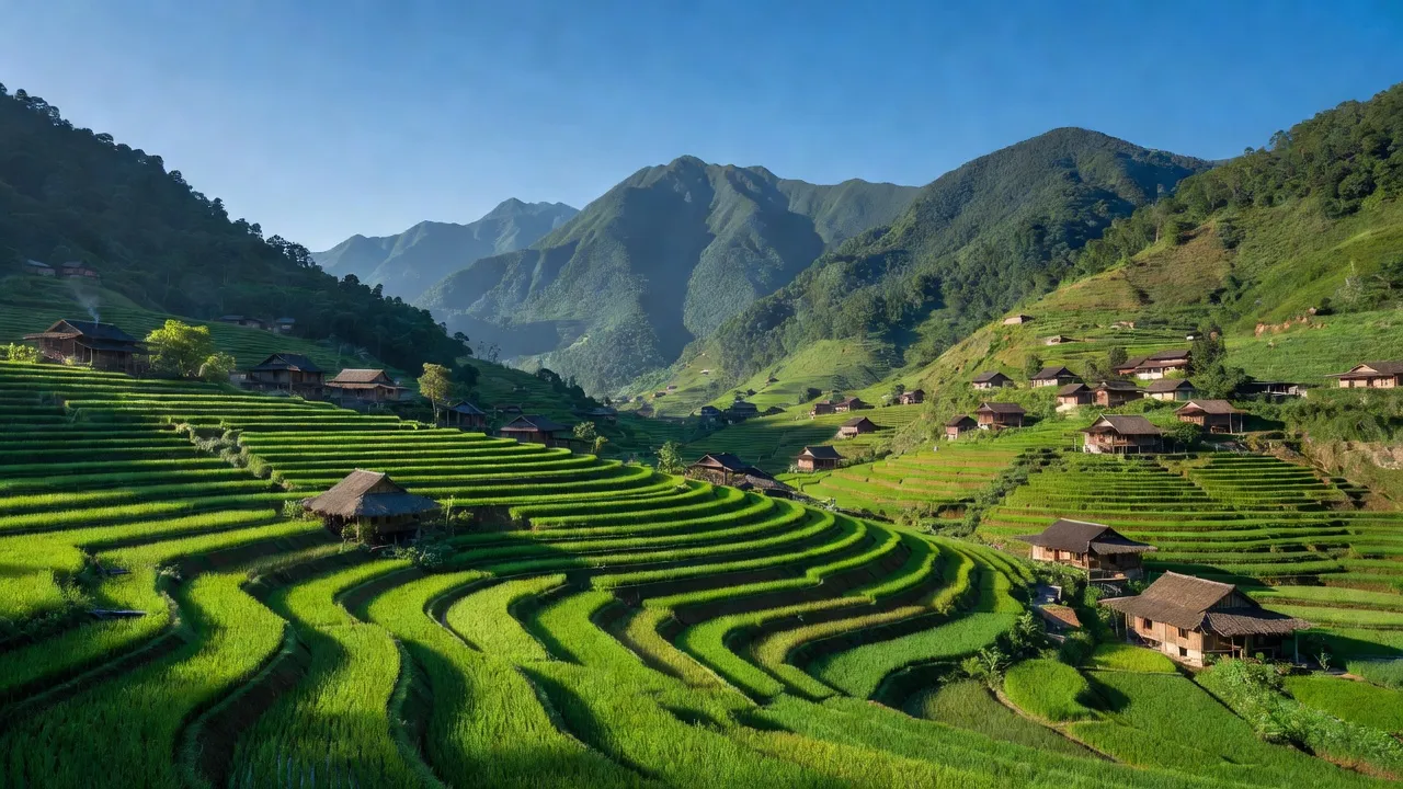 Phong cảnh xã Cán Cấu, huyện Si Ma Cai, tỉnh Lào Cai với núi xanh, ruộng bậc thang, nhà gỗ.
