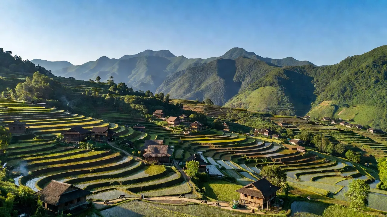 Khung cảnh xã Lùng Thẩn, huyện Si Ma Cai, với núi xanh và ruộng bậc thang nổi bật.