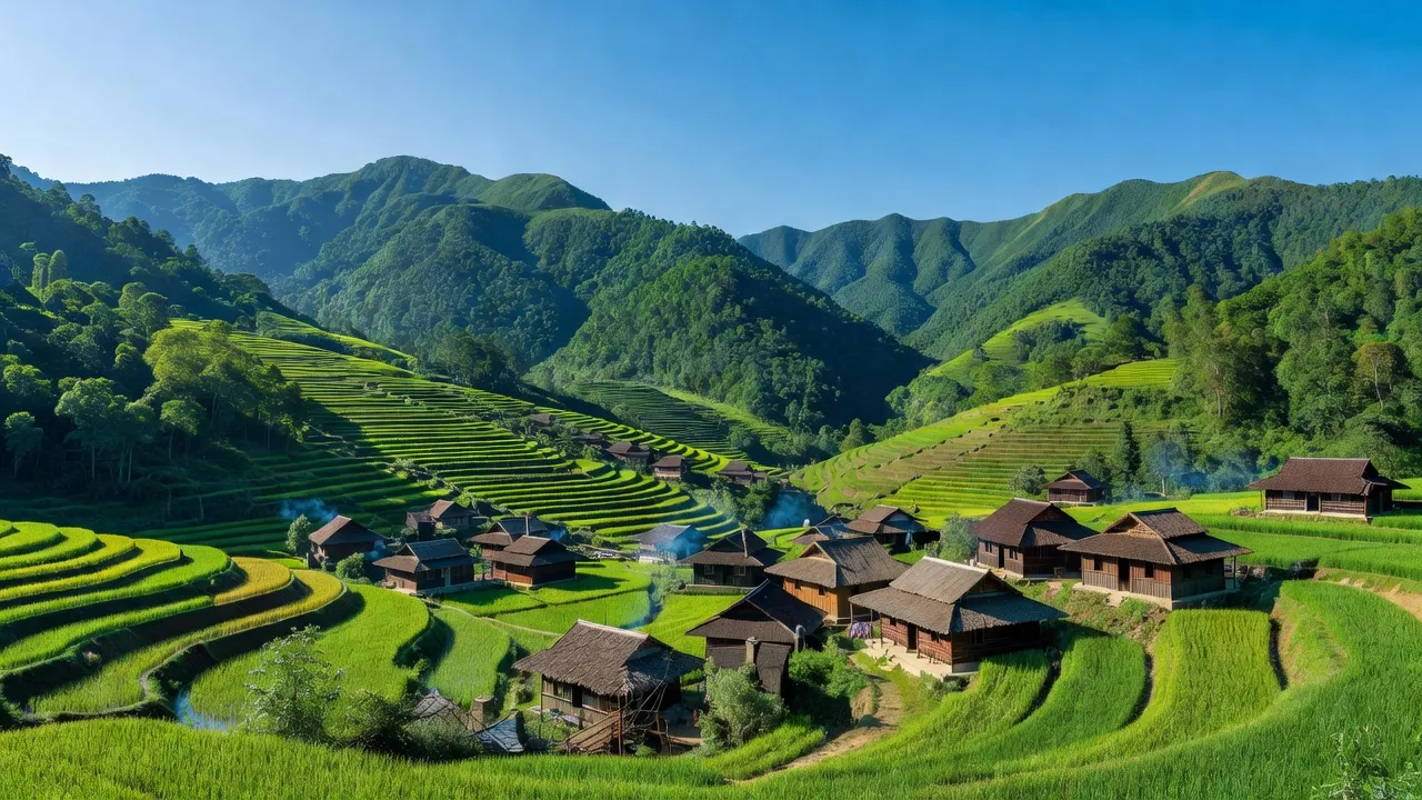 Khung cảnh Xã Lùng Thẩn tại Huyện Si Ma Cai, Lào Cai, với núi non và nhà truyền thống.