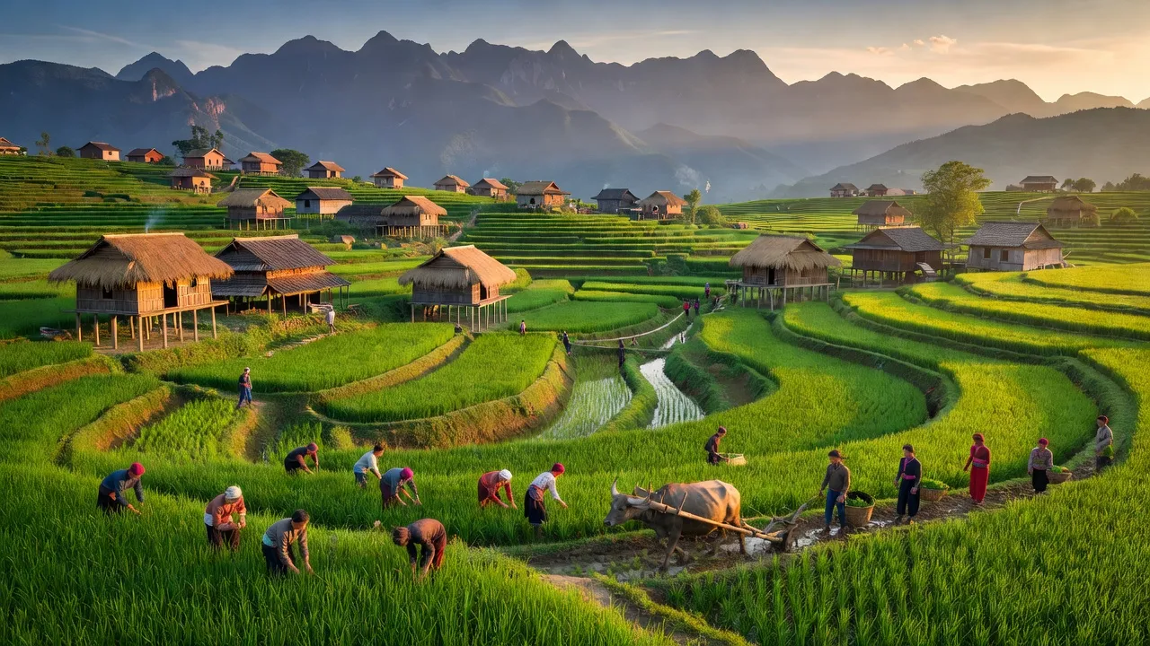Cảnh quan xã Nàn Sán, Si Ma Cai, Lào Cai với cánh đồng xanh và nhà sàn truyền thống.
