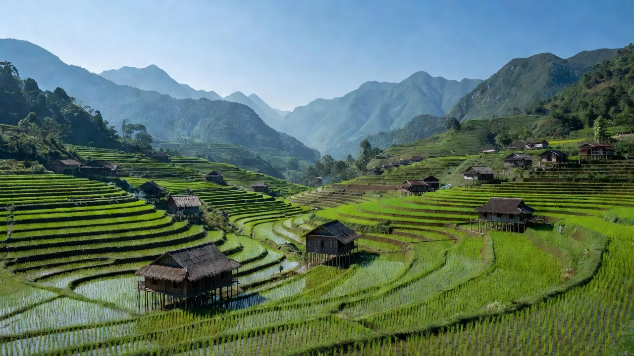 Khung cảnh làng Nàn Xín, Si Ma Cai với ruộng bậc thang và nhà sàn giữa núi.