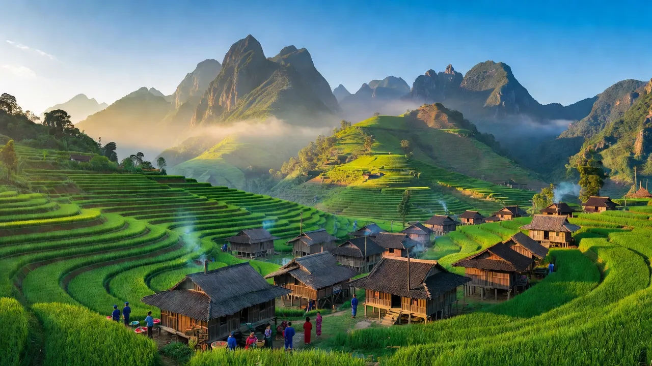 Cảnh đẹp xã Quan Hồ Thẩn, huyện Si Ma Cai với núi non, ruộng bậc thang, và làng bản người dân tộc.