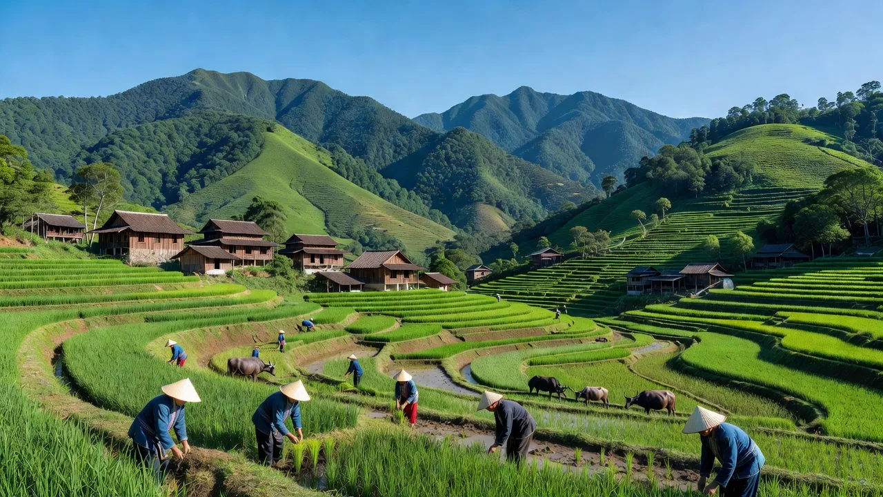Khung cảnh xã Quan Hồ Thẩn, huyện Si Ma Cai, tỉnh Lào Cai với núi non xanh tươi và nhà sàn truyền thống.