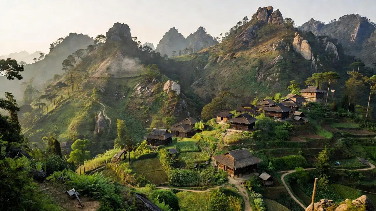 Khung cảnh Sán Chải, vùng cao Lào Cai với núi đá, rừng thưa và nhà người Hmông.