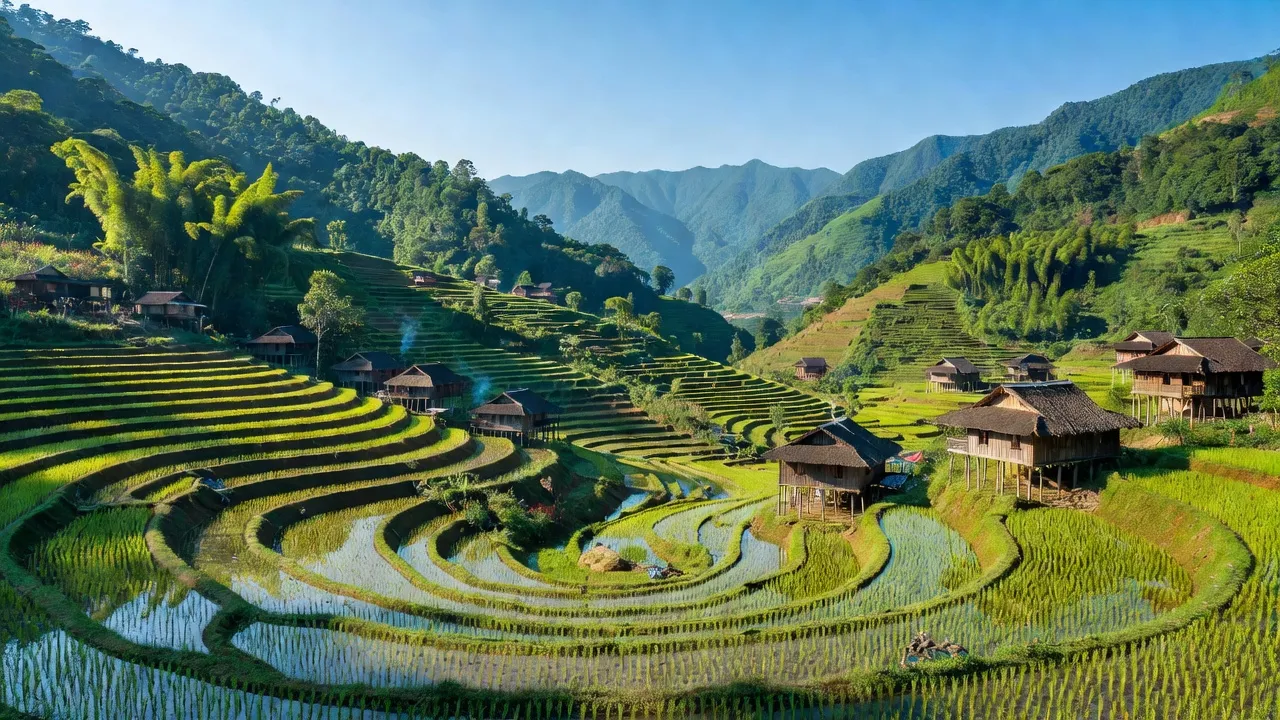 Cảnh đẹp tại xã Sín Chéng, huyện Si Ma Cai, Lào Cai với ruộng bậc thang và nhà sàn truyền thống.