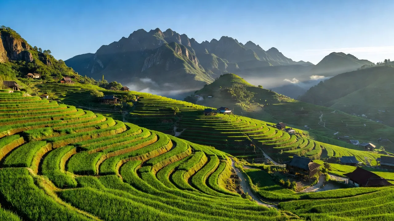 Khung cảnh xã Sín Chéng, huyện Si Ma Cai với ruộng bậc thang và núi non phía Bắc Việt Nam.