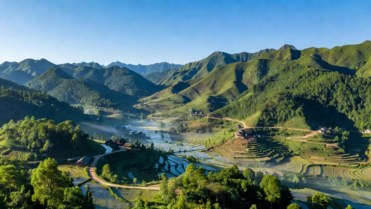 Khung cảnh huyện Văn Bàn, Lào Cai với núi đồi xanh mát, đường đi, thể hiện khí hậu miền núi.