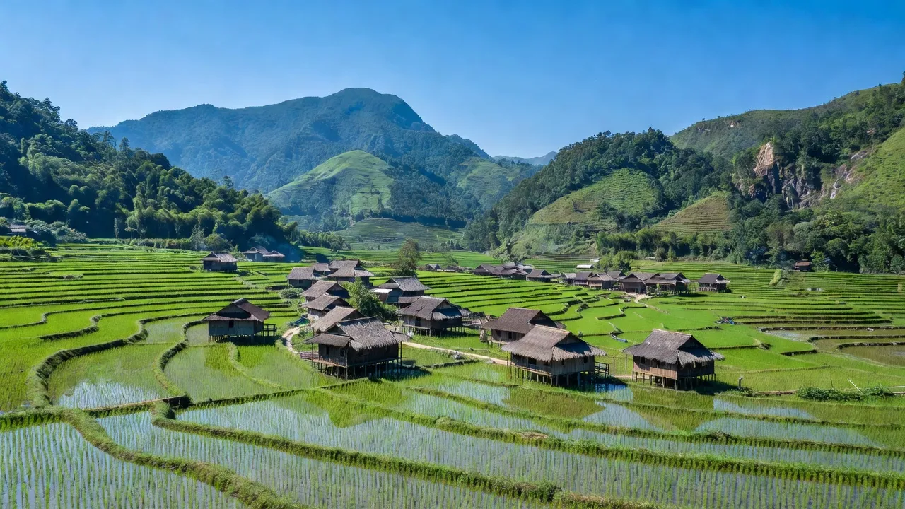 Cảnh quan Xã Chiềng Ken, huyện Văn Bàn, tỉnh Lào Cai với ruộng bậc thang xanh và ngôi nhà truyền thống.