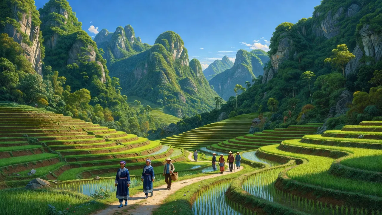 Cảnh thiên nhiên xã Dần Thàng, huyện Văn Bàn, tỉnh Lào Cai với núi, ruộng bậc thang và trời xanh.