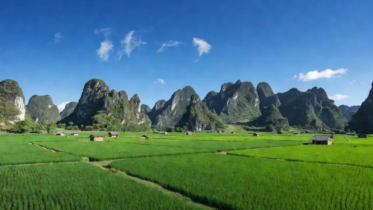 Phong cảnh xã Hoà Mạc, huyện Văn Bàn, tỉnh Lào Cai, với đồng ruộng xanh và núi đá vôi.