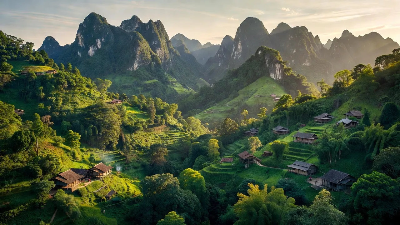 Khung cảnh núi đá vôi và cây xanh tại xã Khánh Yên Hạ, huyện Văn Bàn, tỉnh Lào Cai.