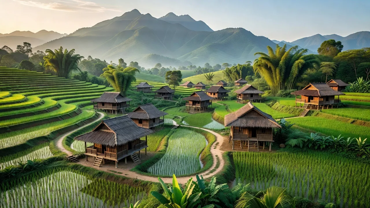 Khánh Yên Thượng, Lào Cai, village landscape with mountains and traditional houses.