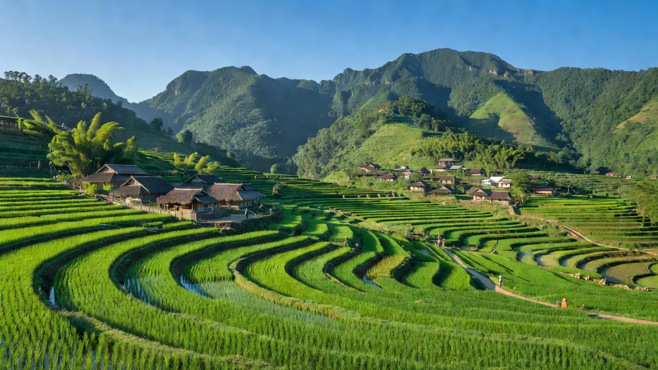 Khánh Yên Trung, Văn Bàn, Lào Cai, mountains, traditional houses, rice fields, clear sky, nature.