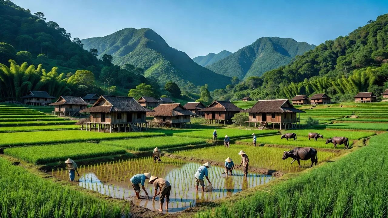 Khánh Yên Trung village in Văn Bàn, Lào Cai with green mountains and traditional wooden houses.