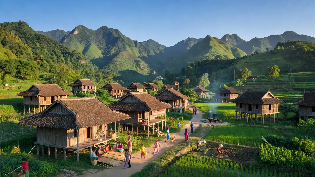Khánh Yên town in Văn Bàn, Lào Cai with mountains, greenery, and traditional houses.