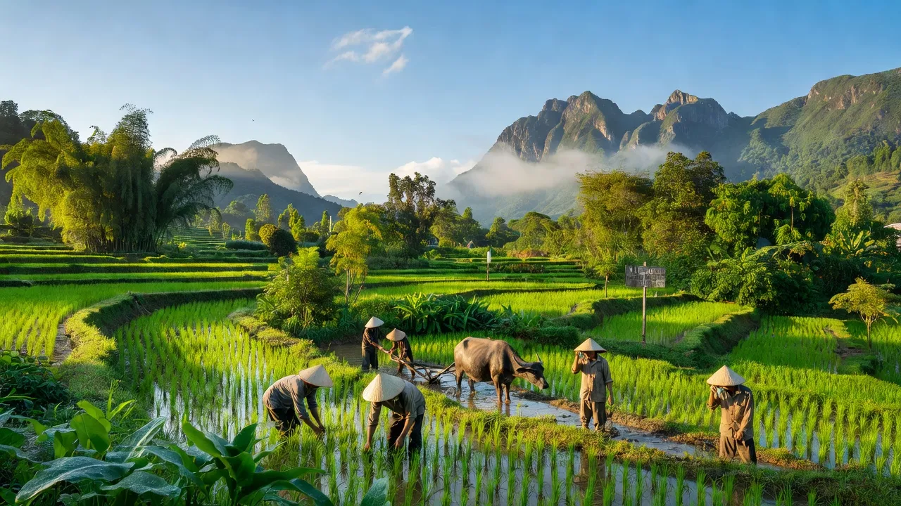 Cánh đồng và núi ở xã Làng Giàng, huyện Văn Bàn, tỉnh Lào Cai với màu xanh tươi mát.
