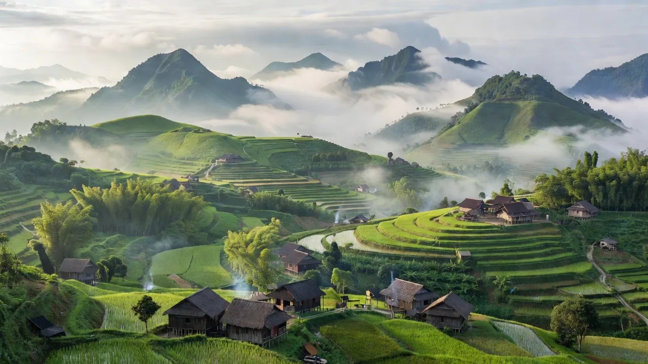Phong cảnh xã Làng Giàng huyện Văn Bàn Lào Cai, đồi núi xanh tươi, ảnh hưởng thời tiết miền núi.