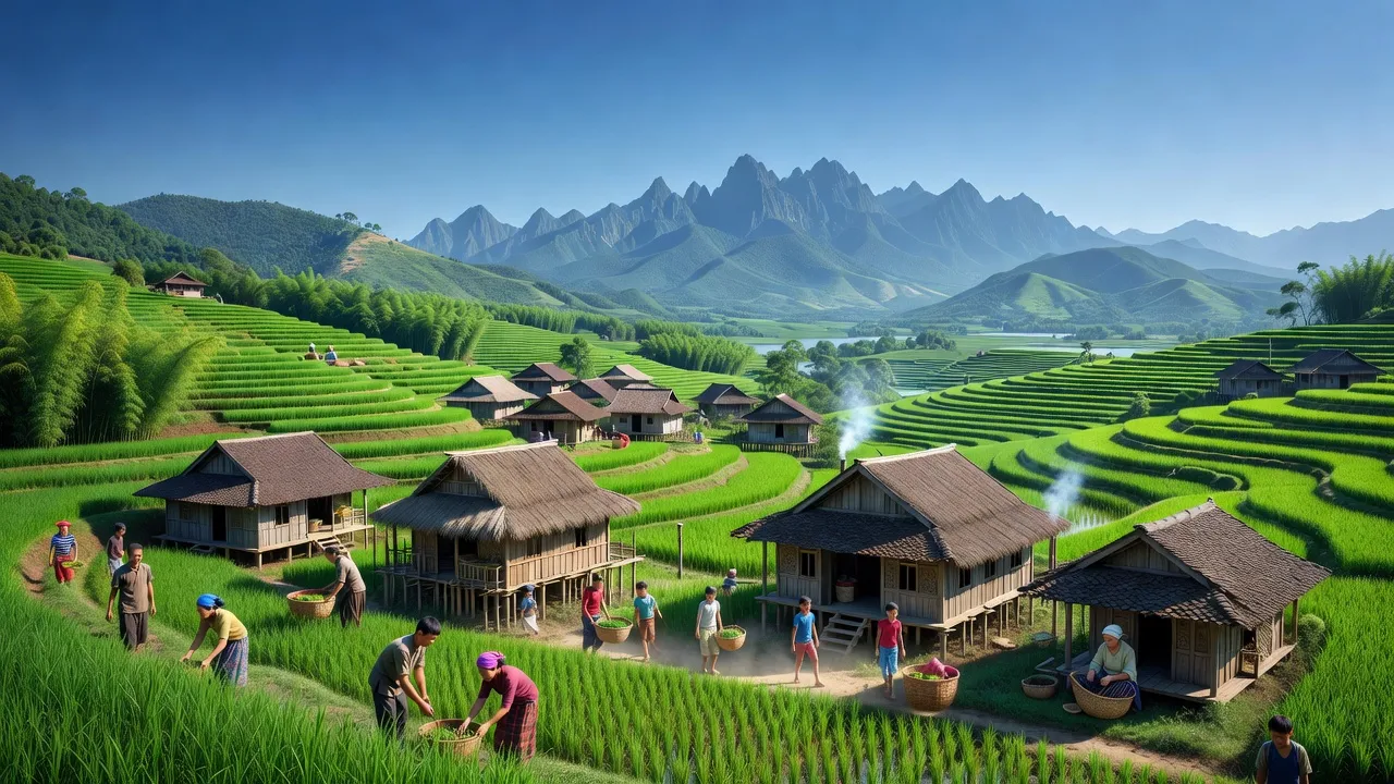 Khung cảnh Xã Minh Lương, huyện Văn Bàn, Lào Cai với thiên nhiên xanh tươi và cuộc sống cộng đồng.