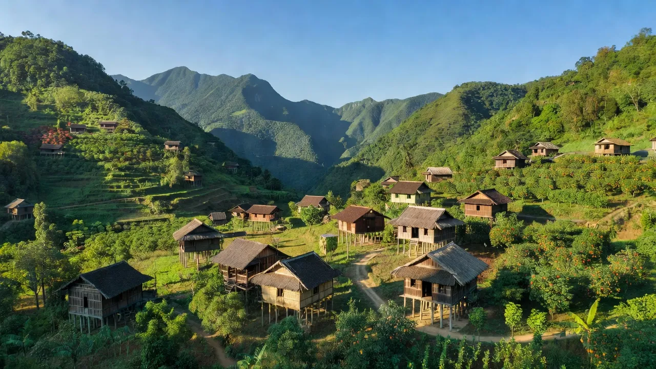 Cảnh quan xã Nậm Chầy, huyện Văn Bàn, tỉnh Lào Cai với núi, nhà sàn và vườn cây ăn quả.