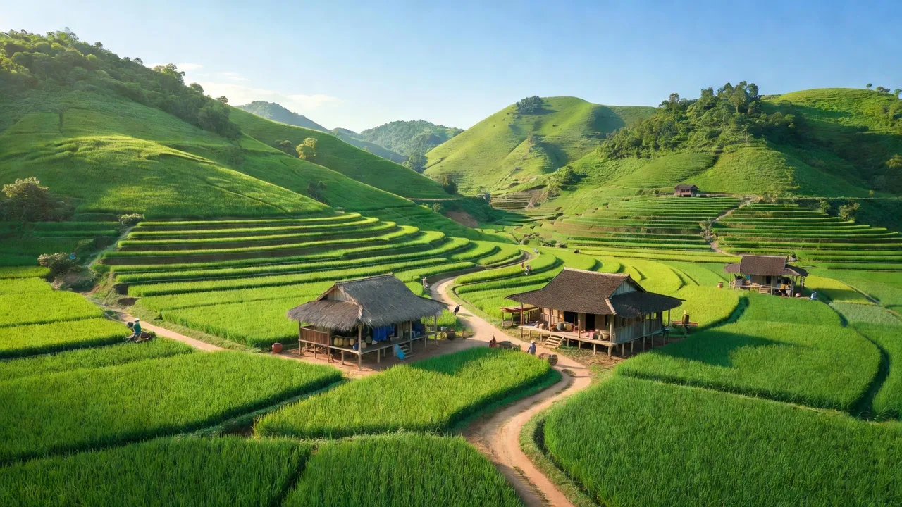 Cảnh quan xã Nậm Mả, huyện Văn Bàn, tỉnh Lào Cai với đồng xanh và hai thôn nhỏ.