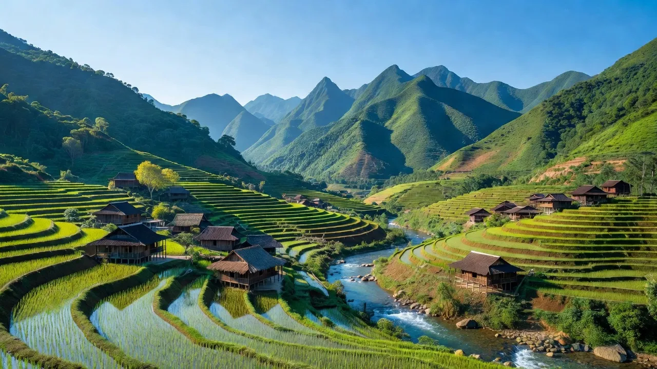 Cảnh đẹp xã Nậm Rạng, huyện Văn Bàn, Lào Cai với núi non, ruộng bậc thang và các ngôi nhà truyền thống.