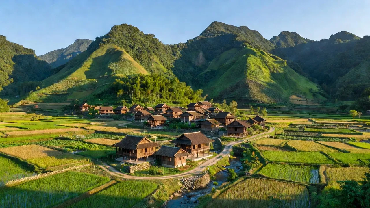 Khung cảnh xã Nậm Rạng, huyện Văn Bàn, tỉnh Lào Cai với núi xanh, nhà gỗ truyền thống, và ruộng bậc thang.