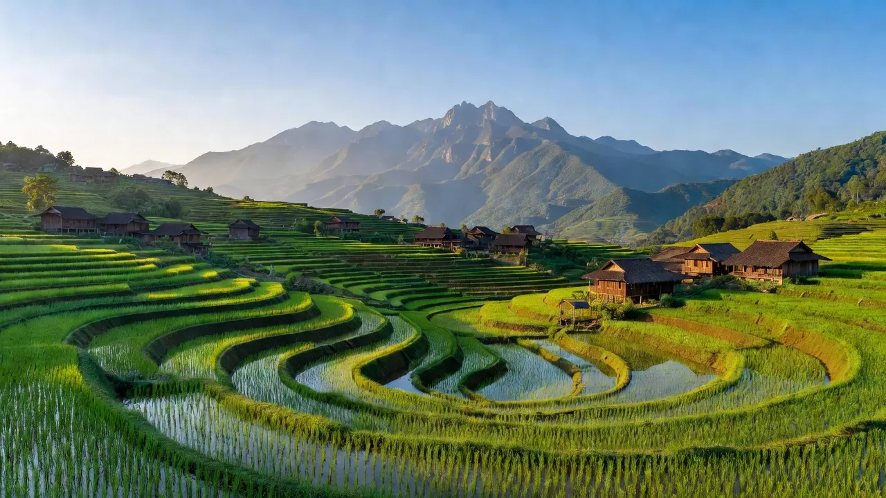 Cảnh đẹp xã Nậm Tha, huyện Văn Bàn, tỉnh Lào Cai với ruộng bậc thang và núi.