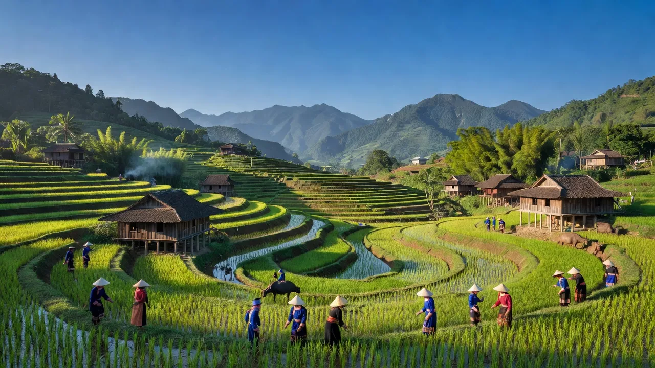 Cảnh quan xã Nậm Tha, huyện Văn Bàn, Lào Cai với ruộng bậc thang và nhà sàn truyền thống.