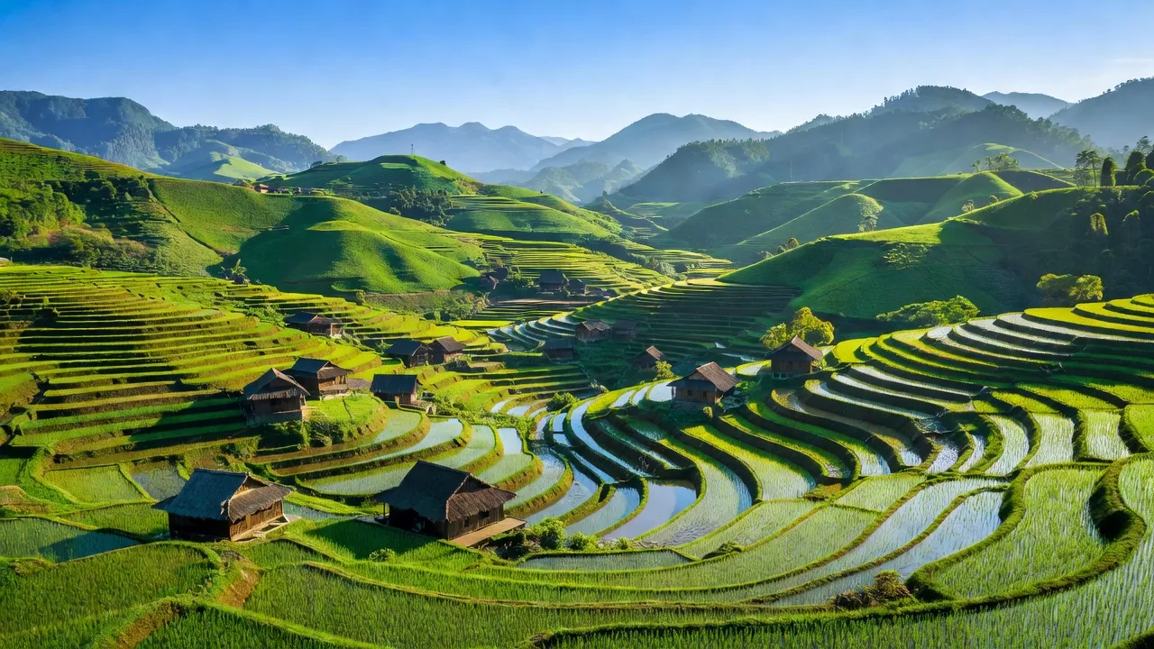 Khung cảnh thiên nhiên Xã Nậm Xây, huyện Văn Bàn, tỉnh Lào Cai với đồi núi và ruộng bậc thang.