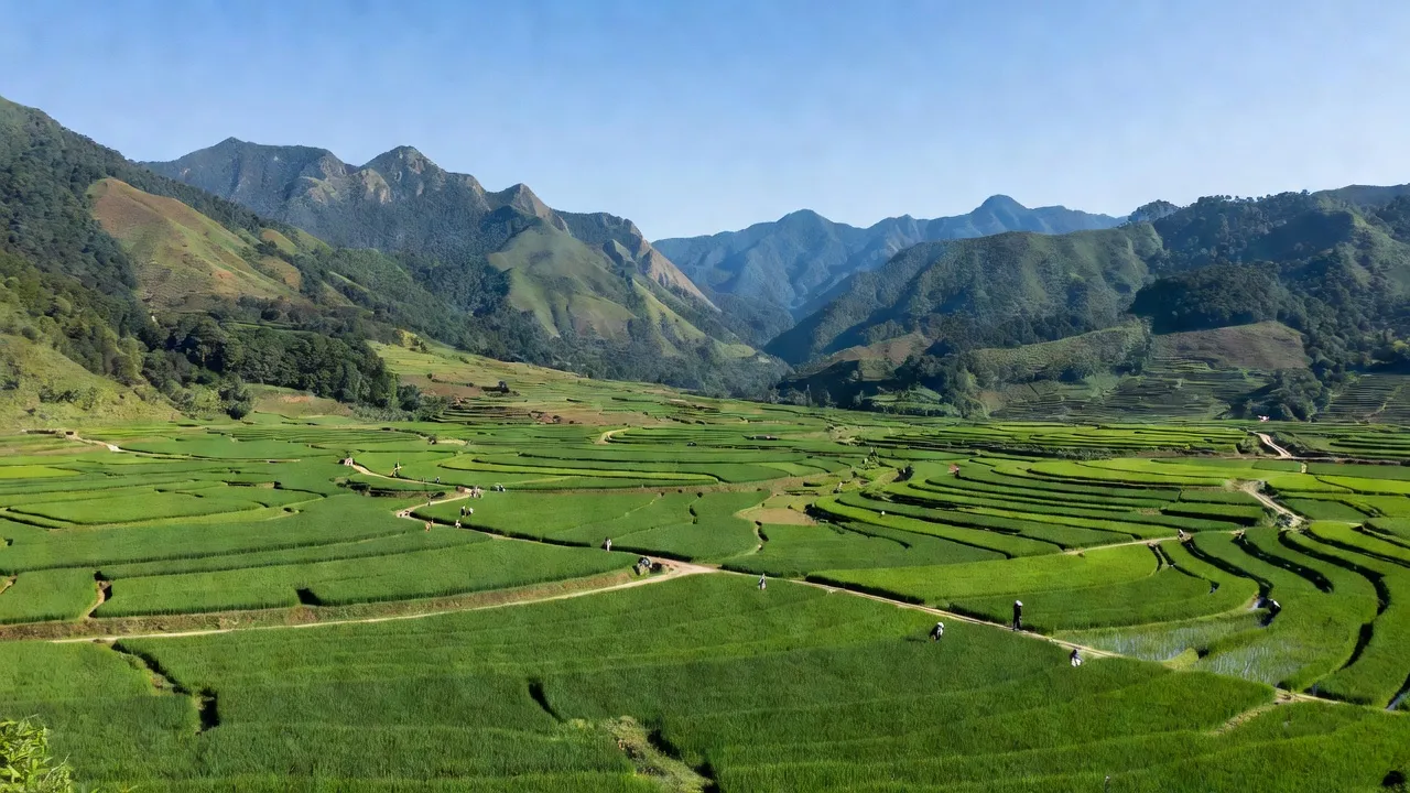 Cảnh quan Nậm Xé, Văn Bàn, Lào Cai: cánh đồng xanh, núi non và bầu trời trong xanh.