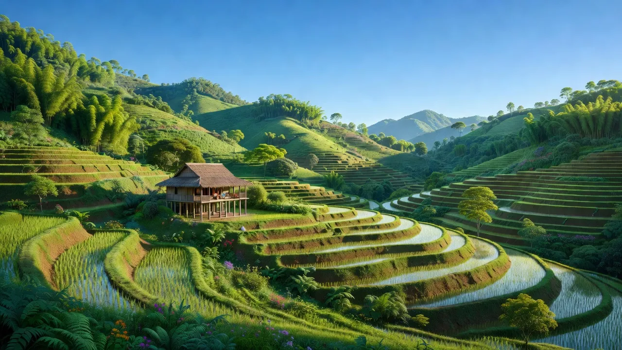 Phong cảnh xã Nậm Xé, huyện Văn Bàn, tỉnh Lào Cai với đồi núi và ruộng bậc thang xanh tươi.