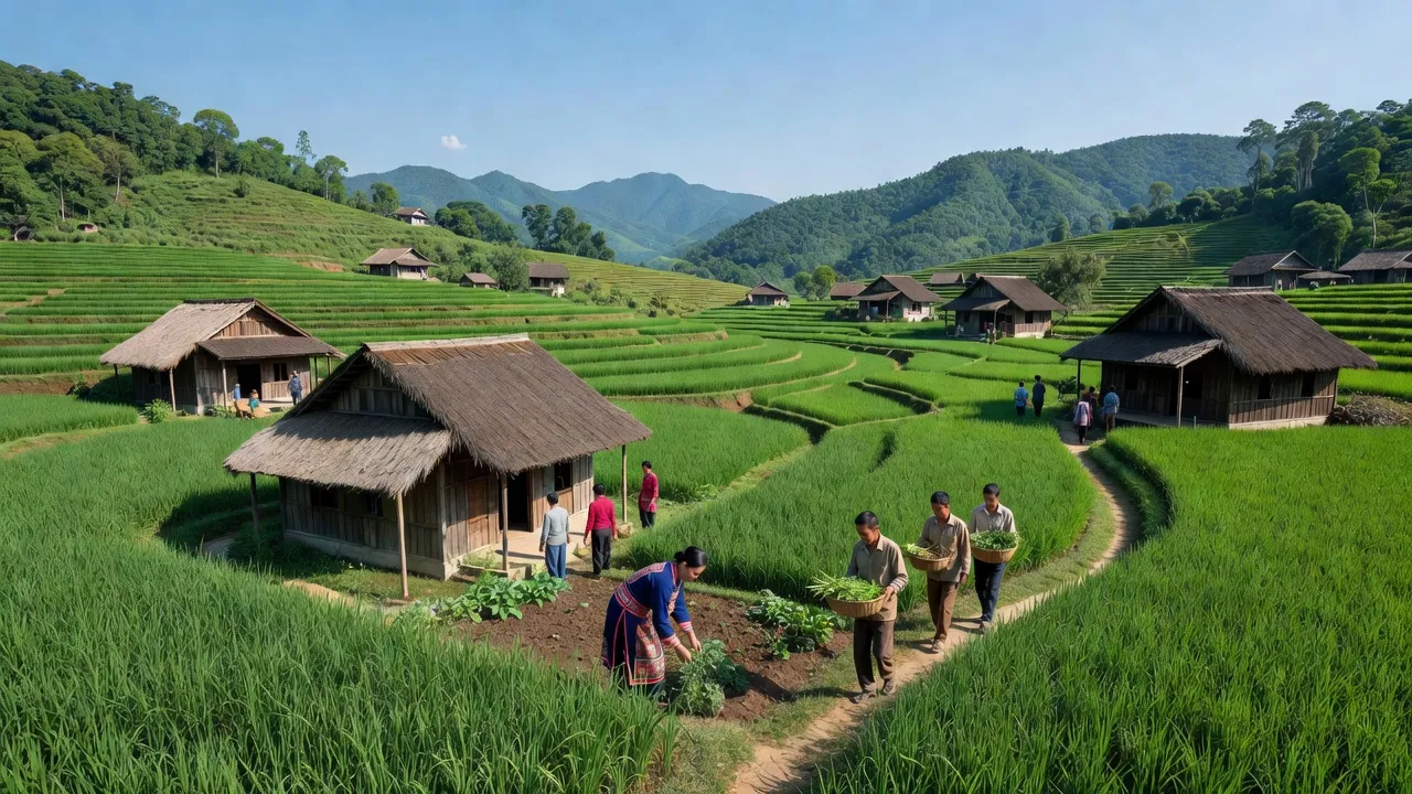 Quang cảnh xã Tân An, huyện Văn Bàn, Lào Cai với cánh đồng xanh mướt và nhà truyền thống.